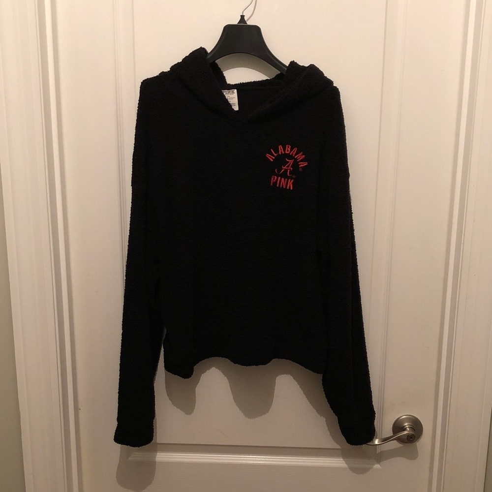 PINK Victoria's Secret Vintage Black Sherpa Hoodie with Red Alabama Logo